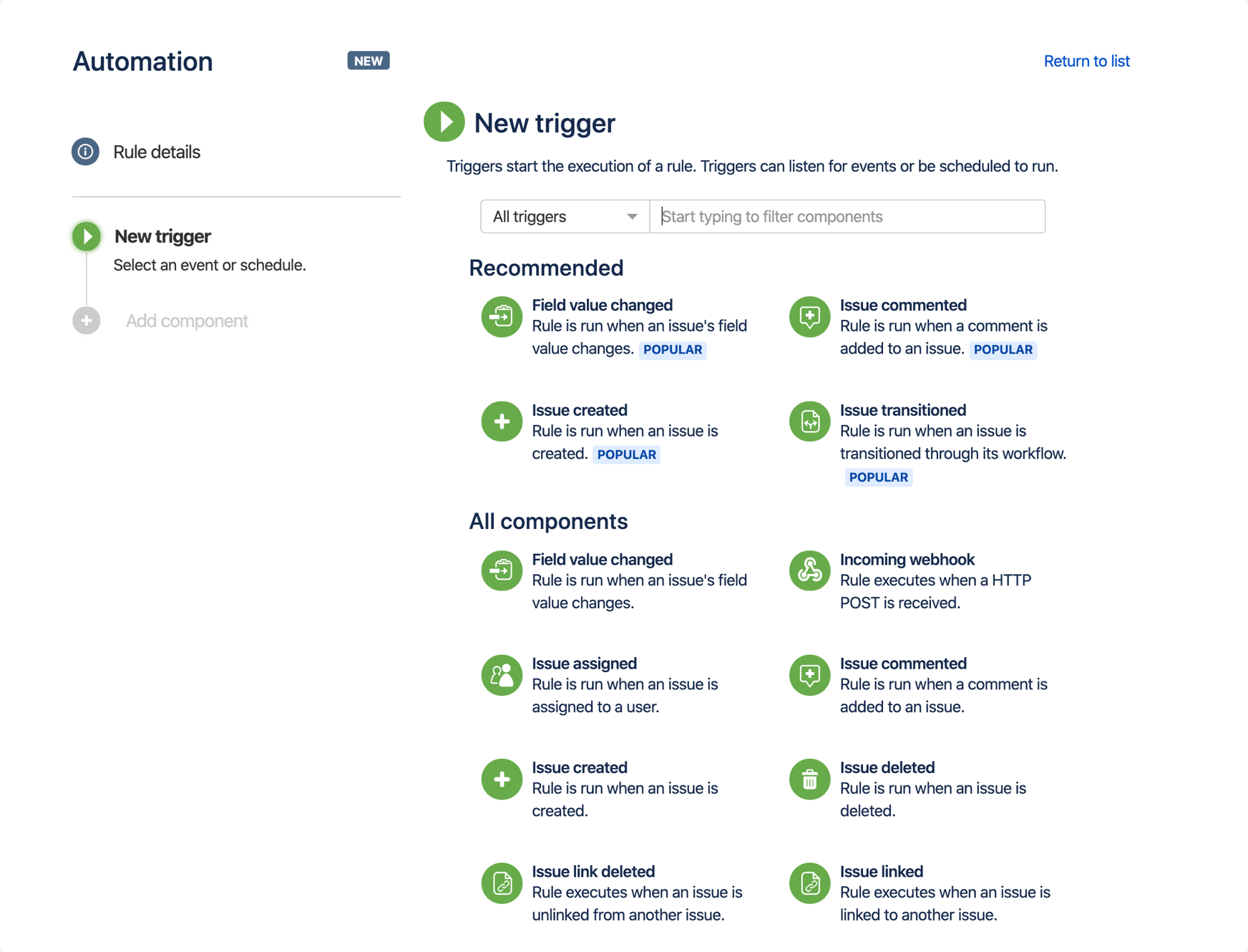 Exemplo de acionadores de automação